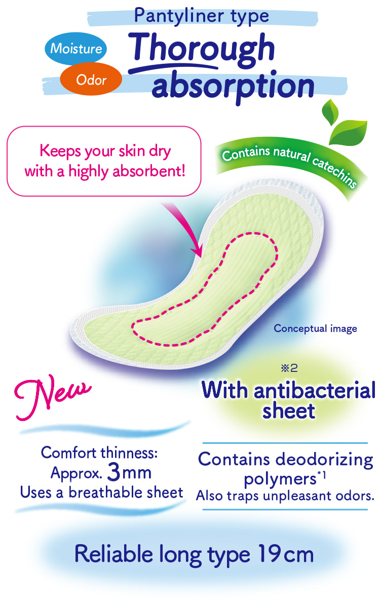 Pantyliner type Moisture Odor Thorough absorption Keeps your skin dry with a highly absorbent! Contains natural catechins Contains deodorizing polymers*1 Also traps unpleasant odors. With antibacterial sheet※2 Comfort thinness:Approx. 3mm Uses a breathable sheet Reliable long type 19cm