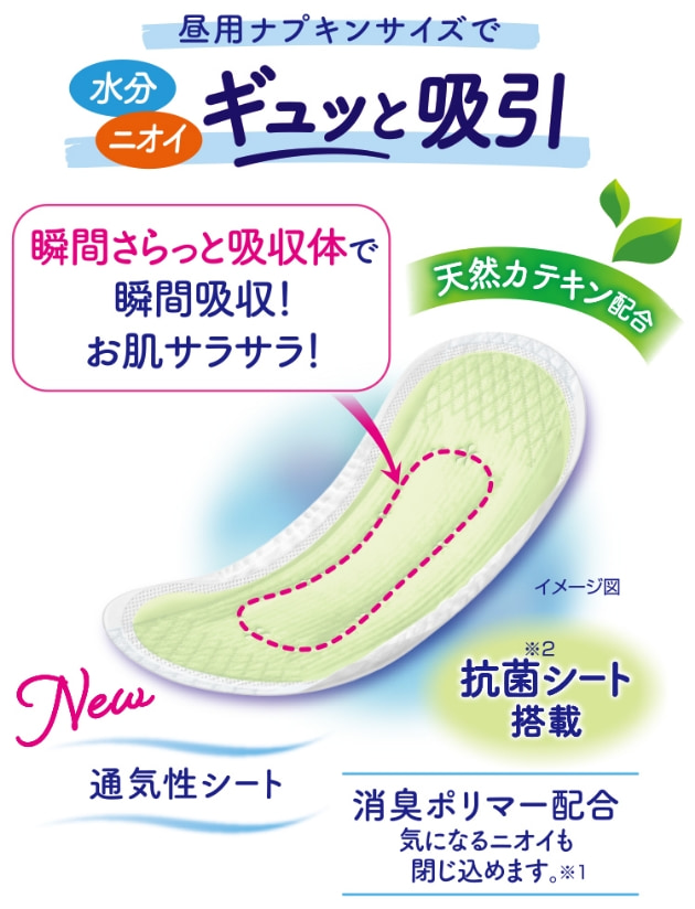 昼用ナプキンサイズで水分 ニオイ ギュッと吸引 瞬間さらっと吸収体で瞬間吸収！ お肌サラサラ！ 天然カテキン配合 消臭ポリマー配合 気になるニオイも閉じ込めます。※1 通気性シート 抗菌シート搭載※2