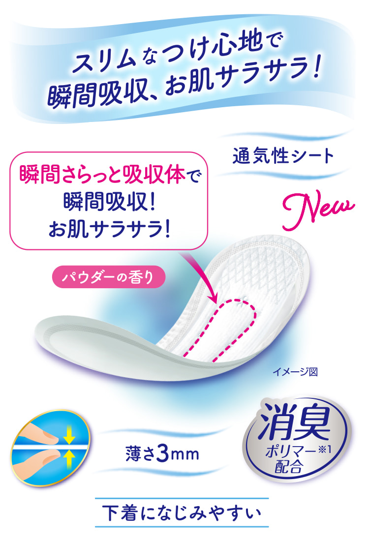 スリムなつけ心地で瞬間吸収、お肌サラサラ！ 瞬間さらっと吸収体で瞬間吸収！ お肌サラサラ！ パウダーの香り 通気性シート 消臭ポリマー※1配合 薄さ3mm 下着になじみやすい