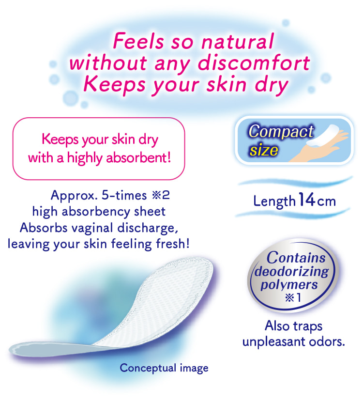 Feels so natural without any discomfort Keeps your skin dry Contains deodorizing polymers※1 Also traps unpleasant odors. Keeps your skin dry with a highly absorbent! Approx. 5-times※2 high absorbency sheet Absorbs vaginal discharge, leaving your skin feeling fresh! Compact size Length 14cm
