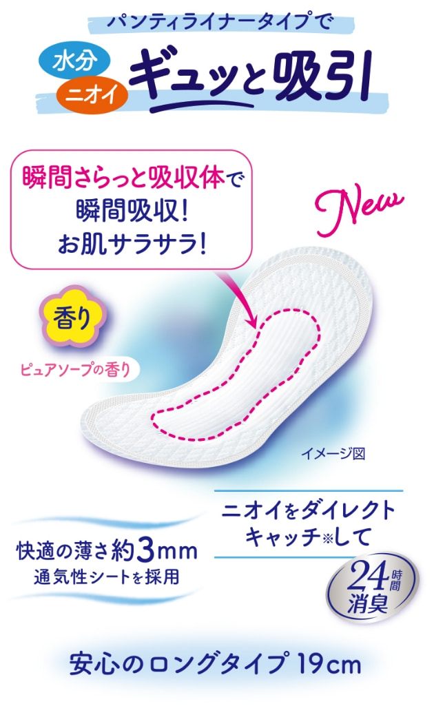 パンティライナータイプで水分 ニオイ ギュッと吸引 瞬間さらっと吸収体で瞬間吸収！お肌サラサラ！ ニオイをダイレクトキャッチ※して24時間消臭 快適の薄さ約3mm 通気性シートを採用 安心のロングタイプ 19cm ピュアソープの香り
