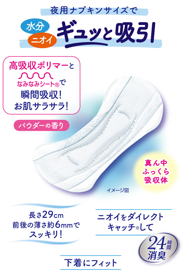 夜用ナプキンサイズで水分 ニオイ ギュッと吸引 高吸収ポリマーとなみなみシートⓇで瞬間吸収！お肌サラサラ！ パウダーの香り 真ん中ふっくら吸収体 ニオイをダイレクトキャッチ※して24時間消臭 長さ29cm 前後の薄さ約6mmでスッキリ！ 下着にフィット