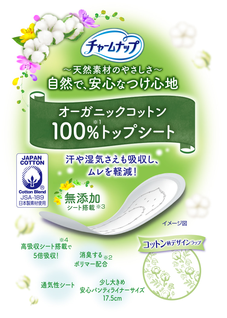 チャームナップ 天然素材のやさしさ 自然で、安心なつけ心地 オーガニックコットン100%トップシート※1 汗や湿気さえも吸収し、ムレを軽減！ 消臭するポリマー配合※2 無添加シート搭載※3 高吸収シート搭載で5倍吸収！※4 通気性シート 少し大きめ安心パンティライナーサイズ 17.5cm